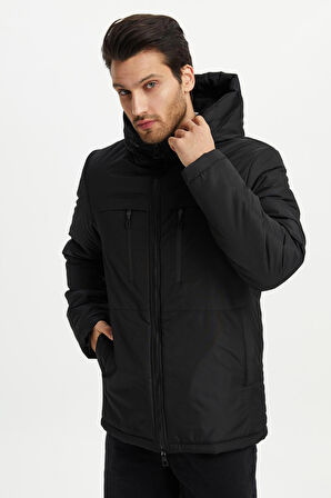 Erkek Siyah Kürklü Su Ve Rüzgar Geçirmez Kapüşonlu Kışlık Mont & Kaban & Parka