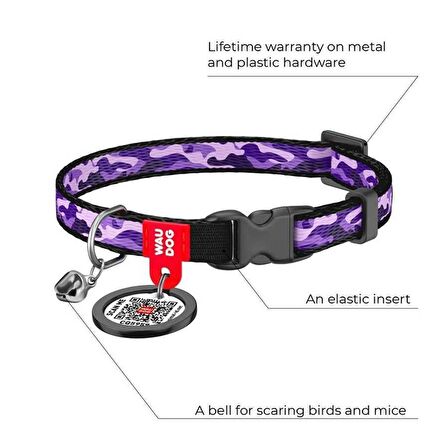Collar QR Pasaportlu Kedi Boyun Tasması 20-30 Cm 10 MM "Purple Camo"