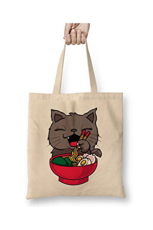 Cute & Funny Anime Kitty Ramen Kawaii Cat Kedi Bez Çanta Uzun Saplı Alışveriş Çantası Plaj Çantası