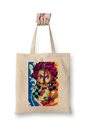 Tanjiro Kamado Demon Slayer İbllis Keser Bez Çanta Uzun Saplı Alışveriş Çantası Plaj Çantası