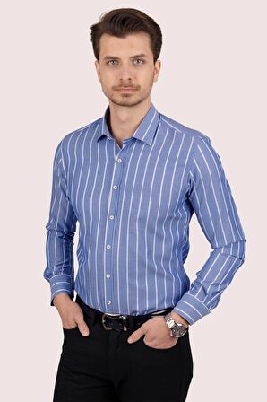 Mavi Beyaz Çizgili Slimfit   Gömlek