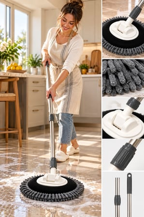 Mikrofiber Püsküllü Döner Mop Paspas Seti Metal Saplı Oval Başlıklı Yer Temizlik Paspası