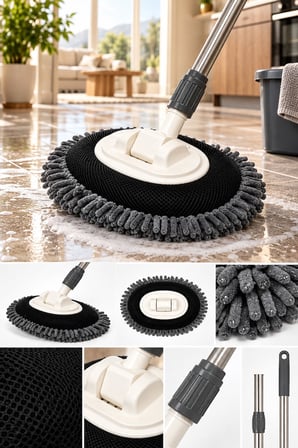 Mikrofiber Püsküllü Döner Mop Paspas Seti Metal Saplı Oval Başlıklı Yer Temizlik Paspası