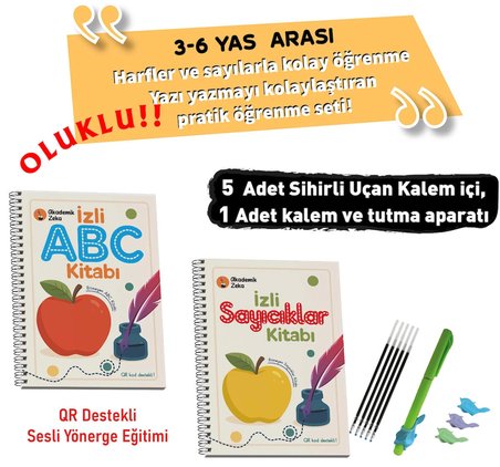 İzli Abc ve Sayıcıklar Kitabları Oluklu Seti (1AdetSihirliUçanKalem-TutmaAparatı, 5 Adet Kalem İçi)