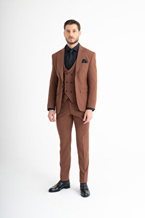 Slim Fit Yelekli Takım Elbise - Kahverengi 48