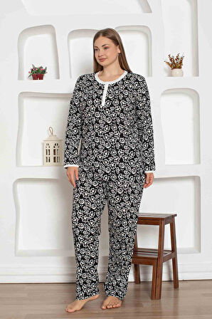 Kadın Çiçek Desen Bisiklet Yaka 3 Düğmeli %100 Pamuk Penye İnce Yazlık Uzun Kol Pijama Takımı