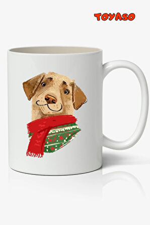 Noel Yılbaşı Mutlu Atkılı Köpek Dog Merry Christmas Temalı Beyaz Kupa Bardak