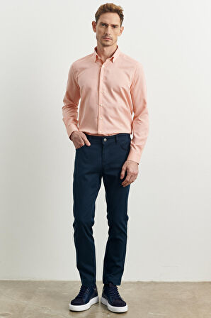 Erkek Lacivert Slim Fit Dar Kesim Armürlü Esnek Casual Pantolon