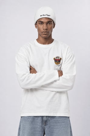 Erkek Teddy Baskılı Oversize Long Sleeve Ekru