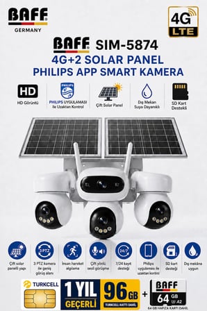 Baff SIM-5874 Çift Solar Panelli 4G SIM Kartlı 3 Lensli PTZ Akıllı Dış Mekan Güvenlik Kamerası HD IP Kamera + 96 GB SIM Kartı ve 64 GB Hafıza Kartı Dahil