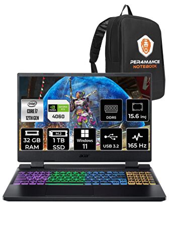 ACER Nitro 5 i7 12700H 32GB 1TB SSD RTX4060/8GB 165HZ 15.6" FHD W11P NH.QM0EY.002 & PER4 ÇANTA