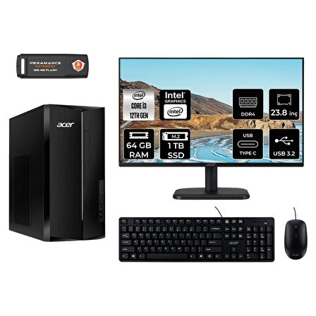 Acer Aspire TC1760 i3 12100 64GB 1TB SSD FDOS DT.BHUEM.004 MASAÜSTÜ PC & 23.8" MONİTÖR