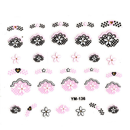 Tırnak Sticker, Tırnak Süsleme, Nail Art (ym-136) - 6X5 cm - Yıldız Kalp Çiçek