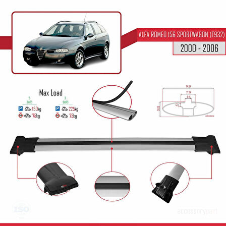 Alfa Romeo 156 (T932) SW 2000-2006 Arası ile Uyumlu FLY Model Ara Atkı Tavan Barı Gri 2 Adet