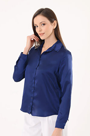 Kadın Hafif Dökümlü Lacivert Saten Gömlek