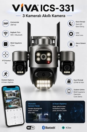 ICS-331 3 Kameralı Akıllı Dış Mekan PTZ WiFi Güvenlik Kamerası 3MP ICSee AI İnsan Takip Çift Yönlü Ses