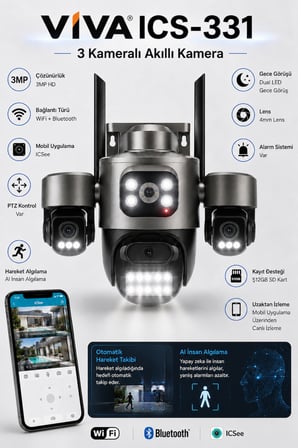 ICS-331 3 Kameralı Akıllı Dış Mekan PTZ WiFi Güvenlik Kamerası 3MP ICSee AI İnsan Takip Çift Yönlü Ses