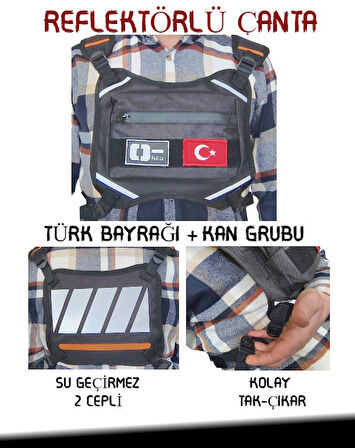Reflektörlü Gögüs Çantası Kan Grubu O- Türk Bayrağı Su Geçirmez Gri Turuncu
