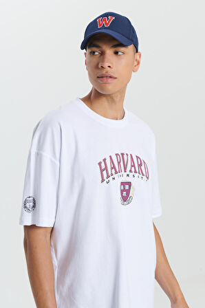 Harvard Lisanslı Oversize Bol Kesim %100 Pamuk Baskılı Bisiklet Yaka Tişört