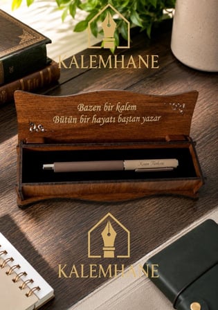 Kişiye Özel Mat Pastel Renk Ahşap Kutulu Roller Kalem ( Kahve )