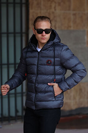 Erkek Antrasit Elyaflı Su Ve Rüzgar Geçirmez Kapüşonlu Kışlık Şişme Mont | S