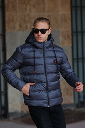 Erkek Antrasit Elyaflı Su Ve Rüzgar Geçirmez Kapüşonlu Kışlık Şişme Mont | S