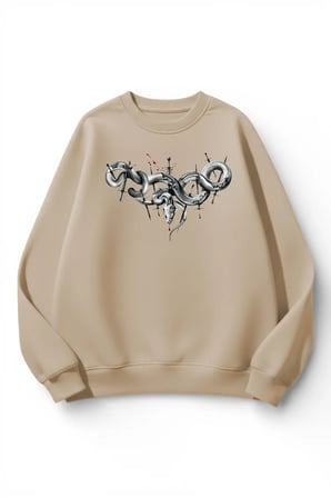 Unisex Yumuşak Dokulu Yılan Tribal Baskılı Tasarım Oversize 3 İplik Bisiklet Yaka Sweatshirt