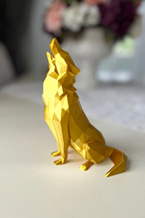 Geometrik Uluyan Kurt Heykeli - Altın Rengi Fasetli Tasarım - 15x10 cm Modern Ev Ofis Dekoru
