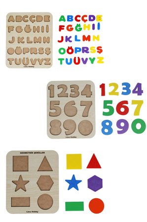 7 Parça Dev Eğitici Set - Ahşap Tabanlı ve PLA Renkli Parçalar Harf Sayı - Tangram - Puzzle