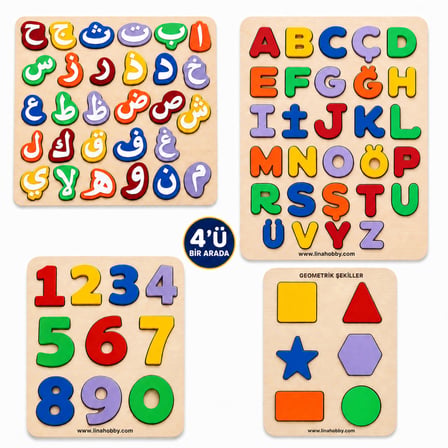 4'lü Eğitici Puzzle Seti Harf Sayı Geometri Arapça Harfler