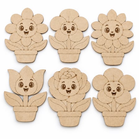 Çocuklar İçin Ahşap Çiçek Boyama Seti 6 Desen 17 cm MDF