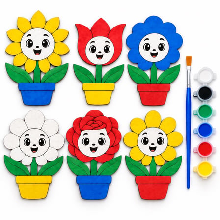 Çocuklar İçin Ahşap Çiçek Boyama Seti 6 Desen 17 cm MDF