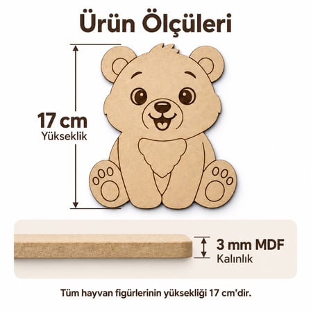 6’lı Hayvan Figürlü MDF Boyama Seti 17 cm Sulu Boya ve Fırça