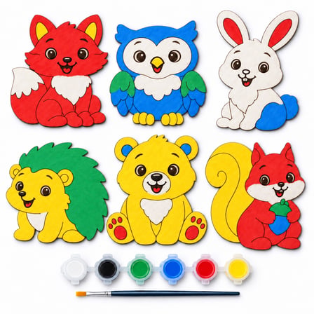 6’lı Hayvan Figürlü MDF Boyama Seti 17 cm Sulu Boya ve Fırça