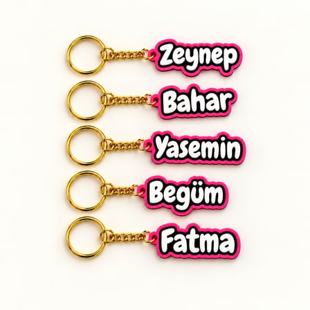 Kişiye Özel İsimli Anahtarlık – 3 Renkli Kabartmalı Tasarım, Pembe Siyah Beyaz