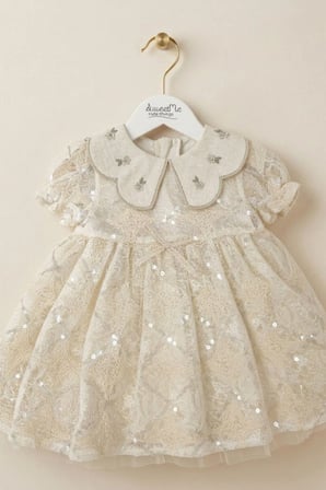  Bebek Krem Payet İşlemeli Bebe Yaka Dantelli Prenses Elbise