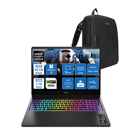 Hp Omen Max 16-AK0002NT Amd Ryzen Aı 9 HX375 96GB Ddr5 1tb SSD + 2 Tb SSD 16GB Nvıdıa RTX5080 16 Inç 500NITS 2k Wqxga 240Hz 3ms IPS Windows 11 Home Siyah OBQ1X7EAH23 + Zetta Çanta