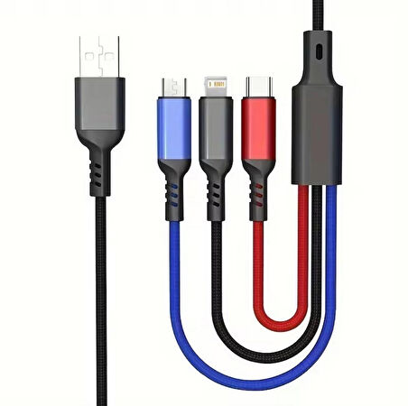 3 in1 Lightning-Micro-Type-C Hızlı Çoklu Şarj Kablosu 3A 1.2m Siyah