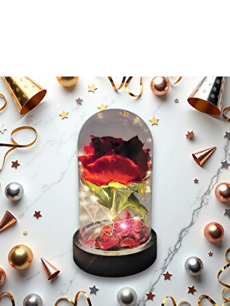 Fanus Içerisinde Dekoratif RGB Led Işıklı Solmayan Kırmızı Gül