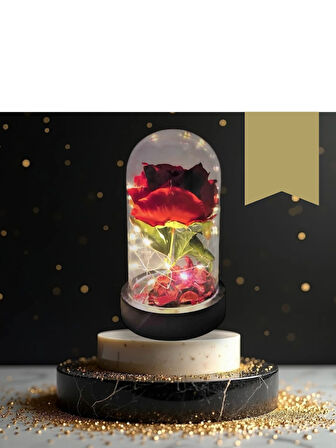 Fanus Içerisinde Dekoratif RGB Led Işıklı Solmayan Kırmızı Gül