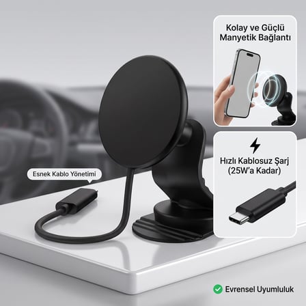 MC05 25W Süper Hizli Magnetic Magsafe Wıreless Araç Telefon Tutucu Ve Kablosuz Şarj Cihazı