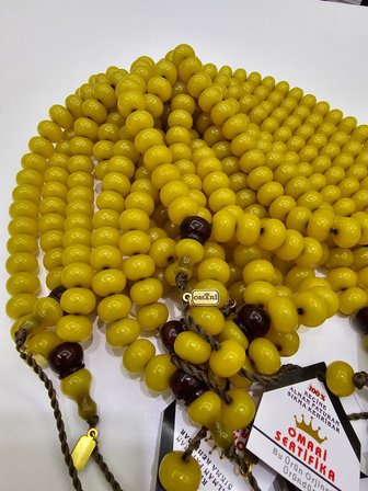 Omari İmzalı Sertifikalı Alman Faturan Sıkma Kehribar Tesbih 10x13,5 mm Küre Kesim