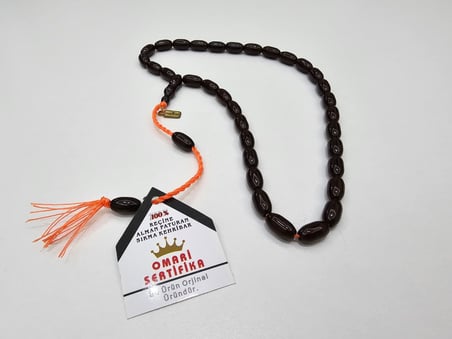Omari İmzalı Sertifikalı Alman Faturan Sıkma Kehribar Tesbih 13x7,3 mm Arpa Kesim