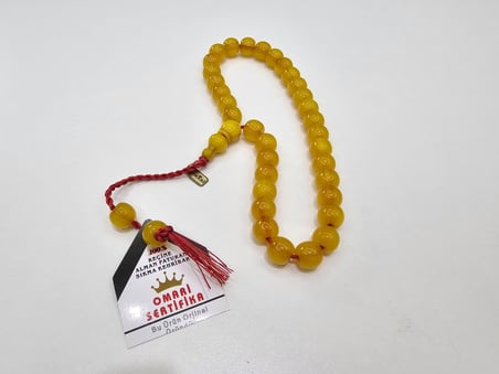 Omari İmzalı Sertifikalı Alman Faturan Sıkma Kehribar Tesbih 11,2x9,4 mm Fıçı Kesim