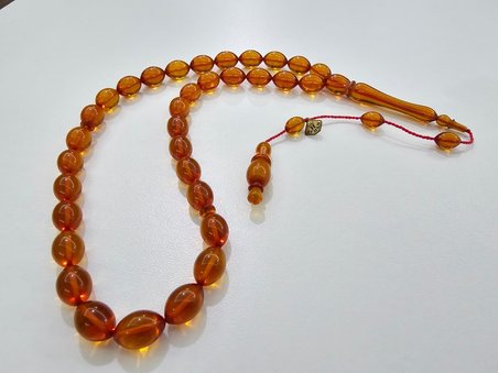 Han Faturan Hasan Ayhan İmzalı Kehribar Tesbih 8 x 12,5 mm Beyzi Kesim