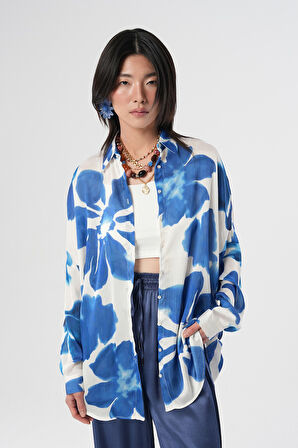 KADIN BÜYÜK ÇİÇEK DESENLİ OVERSİZE GÖMLEK