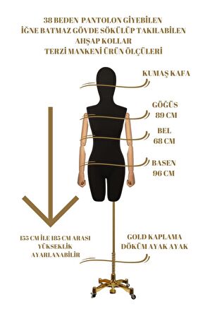 Lüks Gold Ayaklı Pantolon Giyebilen 38 Beden Ahşap Kollu Terzi Vitrin Mankeni