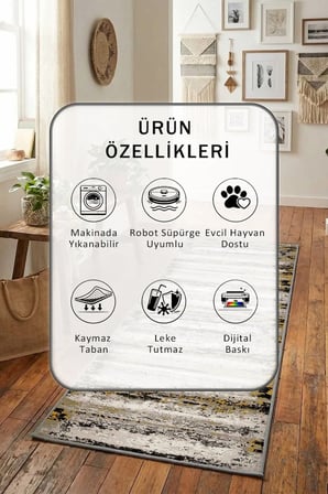 Yıkanabilir Kaymaz Moon Siyah Dijital Baskılı Yolluk Halı Tüy Tutmaz