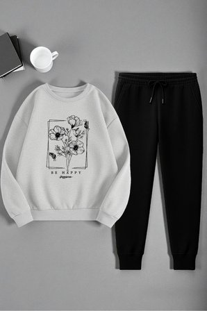 Unisex Kurdele Tasarım Baskılı Bisiklet Yaka Sweatshirt 2'li Eşofman Takımı