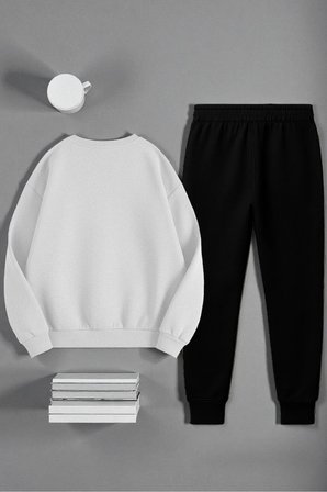 Unisex Kurdele Tasarım Baskılı Bisiklet Yaka Sweatshirt 2'li Eşofman Takımı